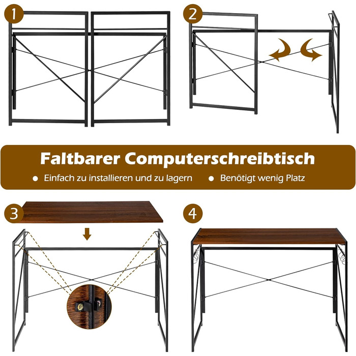 Складаний стіл COSTWAY, розкладний стіл 100 x 50 см з 6 гачками та металевим каркасом, компактний комп'ютерний стіл Промисловий робочий стіл для домашнього офісу, вантажопідйомність 115 кг (коричневий)