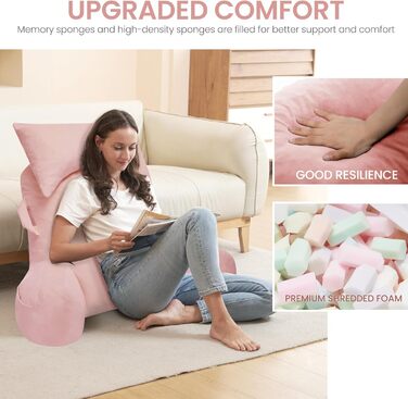 Портативне подушкове крісло для читання з підголовником (Oeko-Tex), м'яке крісло з підлокітниками та кишенями для дорослих, зручне ліжко-подушка з memory foam для гуртожитку (Рожевий, Преміум Великий)