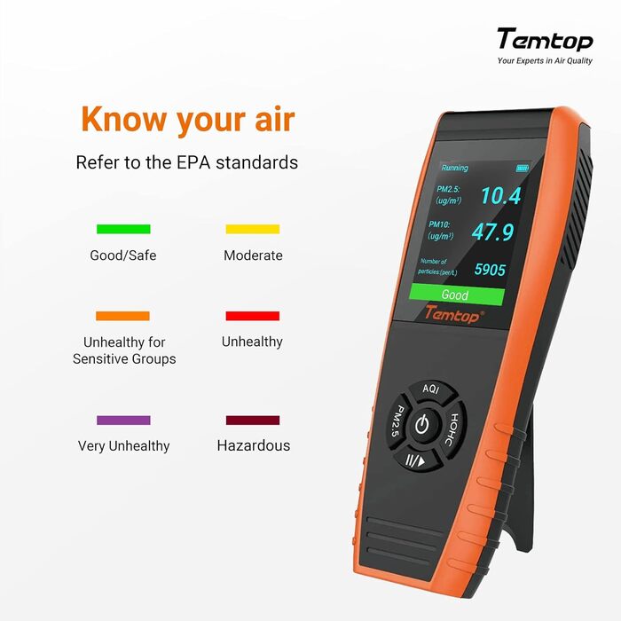 Детектор якості повітря Temtop LKC-1000S+ для дому: формальдегід, HCHO, TVOC, PM2.5, PM10, AQI, експорт даних