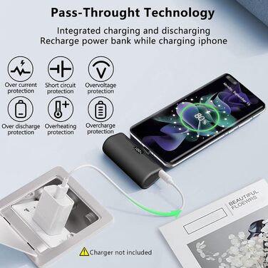 Малий Power Bank USB C 5000mAh з підставкою та світлодіодом, сумісний з iPhone/Samsung/Google