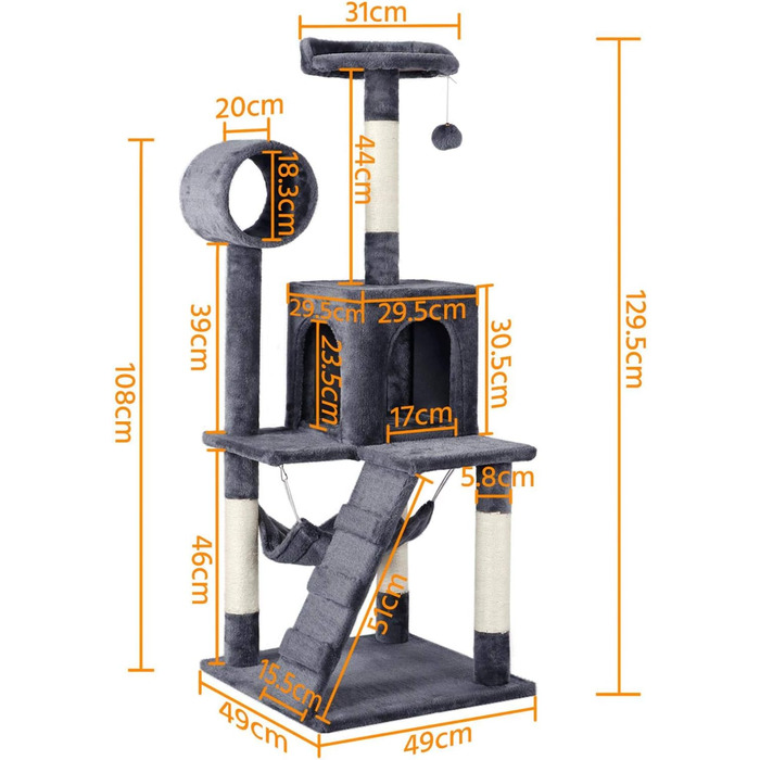 Котяче дерево Yaheetech 130 см Кігтеточка для котів Cat Tree, Котяча лазіння по дереву з оглядовим майданчиком Котяча печера Сизалеві стовбури, темно-сірі