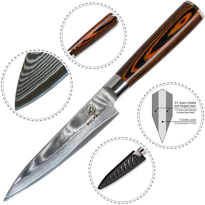Ніж кухарський Damast від Wolfblood (24см) з нержавіючої сталі Damast, 67 шарів, з дерев'яною ручкою, сертифікований TÜV, у подарунковій коробці з захистом леза