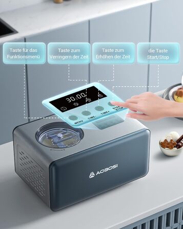 AAOBOSI Морозивниця 1,6 л з компресором, 4 режими, 3-в-1, домашня електрична машина для морозива, фрозен-йогурту та сорбету, нержавіюча сталь, цифровий дисплей, таймер, без попереднього заморожування