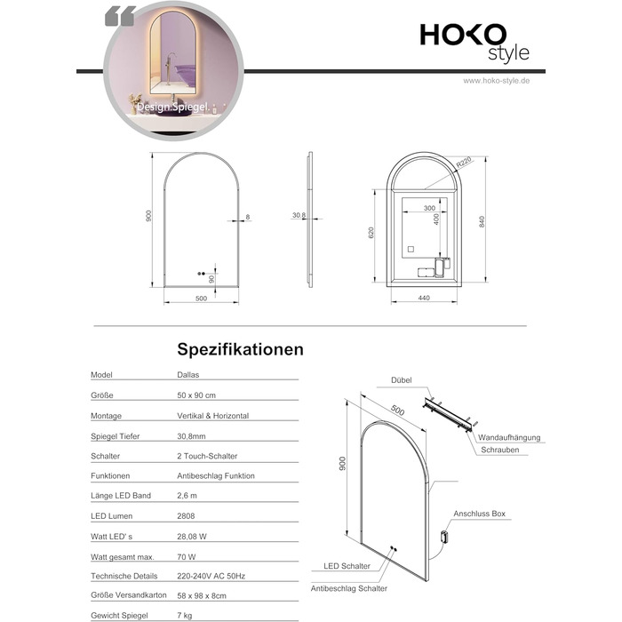 Дзеркало для ванної кімнати LED HOKO Design Turin, овальне, 45x75 см, матовий чорний каркас, сенсорне керування, світлодіодне підсвічування, зміна кольору світла (тепле/холодне/нейтральне), антизапарювання
