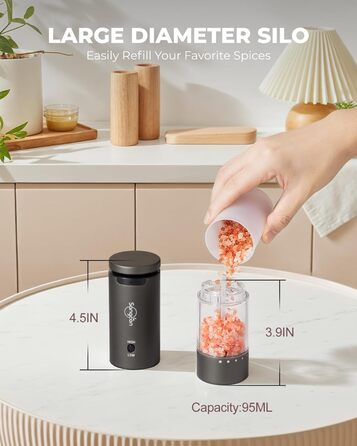 Електричні млини для солі та перцю Sangcon, 2 швидкості, перезаряджувані, 6 ступенів помелу, автоматичний набір з док-станцією, для зручного використання, сірий + чорний