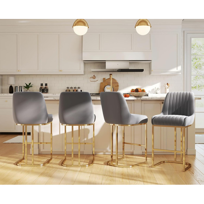 Набір з 2 барних стільців з велюру з золотистими металевими ніжками, з підлокітниками, для кухонного острова/домашнього бару, сірий