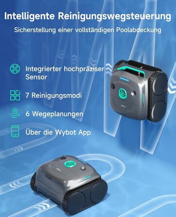Робот-пилосос для басейну WYBOT C2: акумуляторний, для вбудованих басейнів до 150㎡, подвійне фільтрування, потужний мотор, чистка дна та стін, 180 хвилин роботи, керування через додаток (чорно-зелений-сірий)