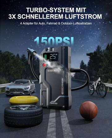 Powerbank з компресором Starthilfe 6500A: автостартер 12V для легкових автомобілів з повітряним насосом, бустер-акумулятор (для 9.0L бензину/8.5L дизеля) з пусковими кабелями, LED ліхтар 500 люмен (чорний), піковий струм 6500A