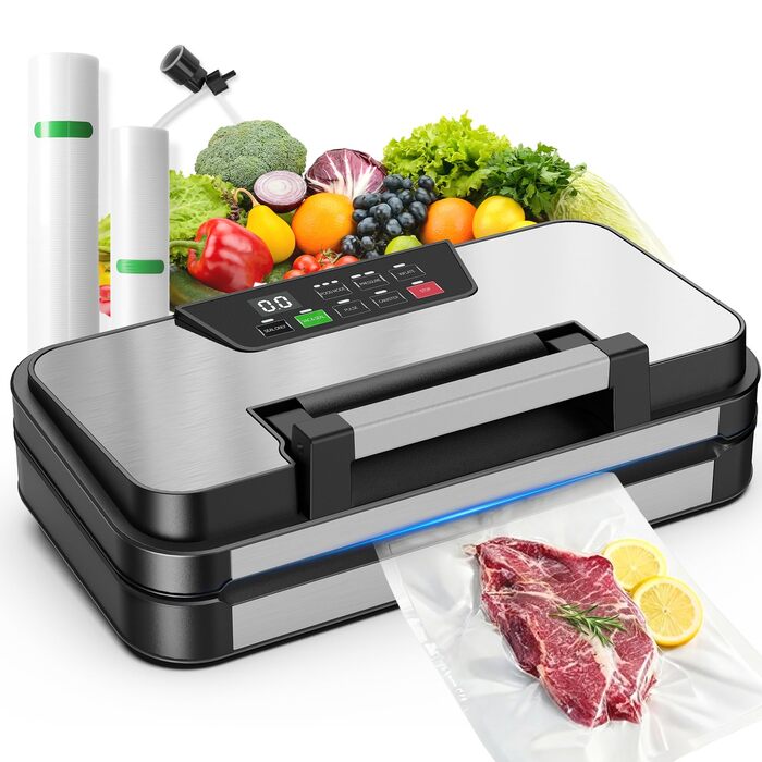 Вакууматор 10-в-1 для продуктів 95 кПа, вакуумний пакувальник з подвійною термозаваркою, вбудованим ножем та відсіком для пакетів, сталевий корпус, комплект з 2 рулонами