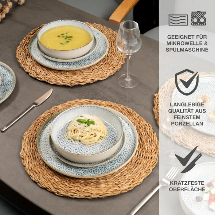 Набір посуду Moritz & Moritz ALHAMBRA на 6 осіб (18 предметів) з високоякісного порцеляну - сучасний сервіз. Включає 6 тарілок, 6 десертних тарілок та 6 салатників. Колір: блакитний.