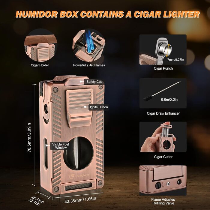 Умидник для сигар з натуральної шкіри, 5-в-1 комплект з запальничкою та вологоміром, коричневий