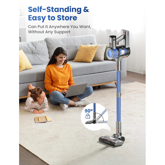 Бездротовий пилосос Dzaki 45000Pa з акумулятором, Smart-дисплеєм, функцією паркування та антизаплутанащістю для килимів, твердих поверхонь, шерсті тварин та авто (блакитно-сірий)