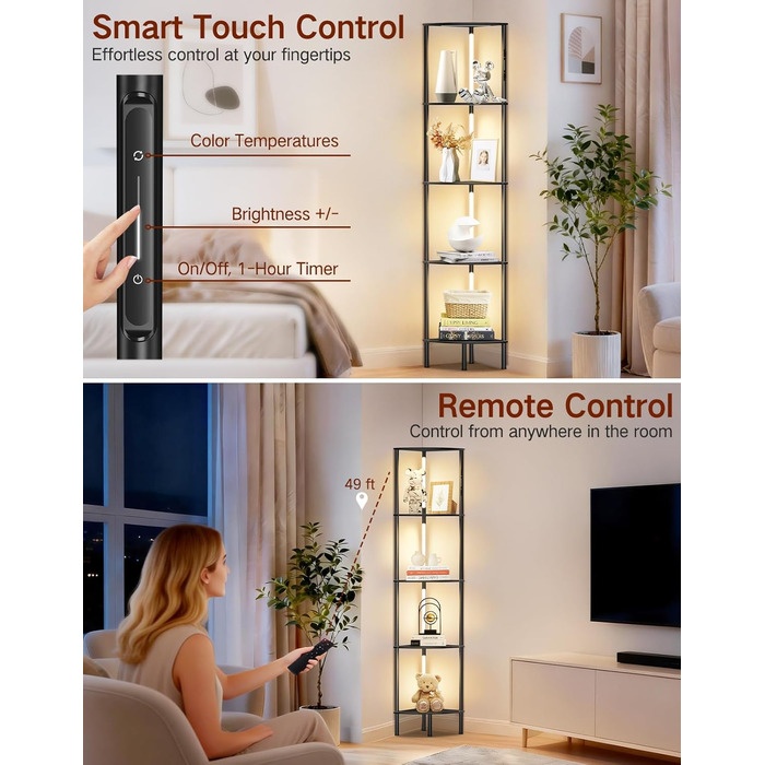 LED торшер з полицею: 3 режими світла, димування (сенсор, пульт), кутова полиця 5 рівнів, вузька книжкова шафа для вітальні, спальні, офісу (чорний)