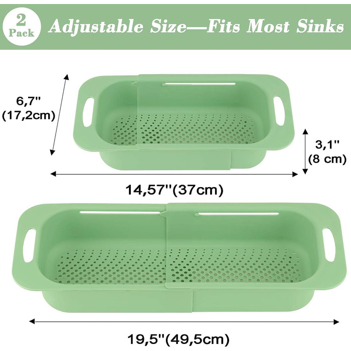 Кошик для друшляка, зливна раковина для друшляка, ідеально підходить для фруктів та овочів, без вмісту BPA (17 Ш x 37 49,5 Д x 8 В) см - Зелений, 2 шт.