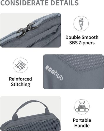 Набір компресійних органайзерів для подорожей ECOHUB, 4 шт., сірі пакувальні куби з маркуванням та сіткою для валізи та рюкзака