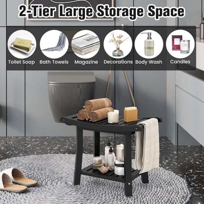 Двомісний стілець для душу HOMASIS з полицею, витримує до 170 кг, з HDPE, з 2 ручками та антиковзними накладками, для літніх людей та дорослих (Чорний)