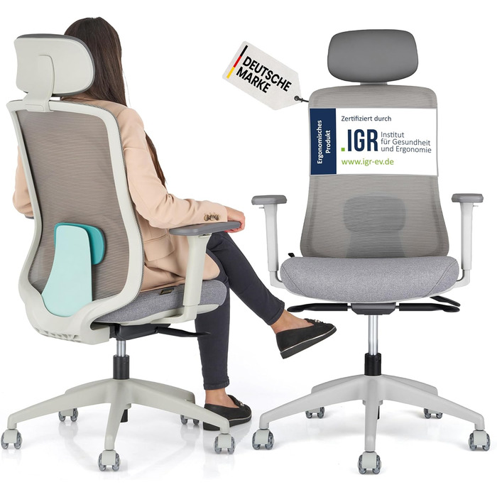 Ергономічне крісло Schekka® для офісу - переможець тестів. Індивідуальне регулювання, підтримка голови та попереку, 3D підлокітники, дихаюча сітка. Макс. вага 150 кг (Світло-сірий/М'ятний)