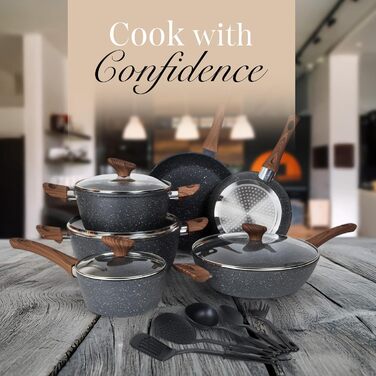 Набір каструль та сковорідок з антипригарним покриттям Nuovva - 15 предметів, з кришками, для індукційних плит, з гранітним покриттям