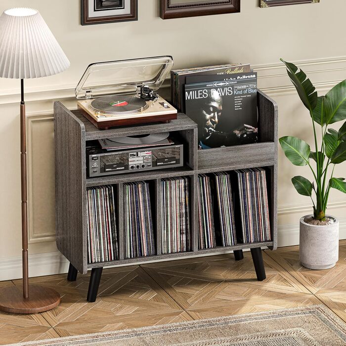 Стіл для програвача, стійка для вінілових пластинок середини століття з місцем для зберігання до 350+ альбомів, шафа для вінілу з регульованими полицями (Сірий)