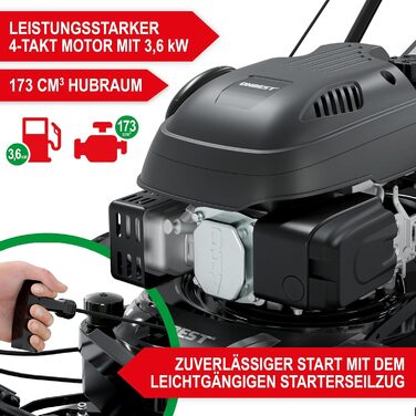 Бензиновий газонокосарка 5-в-1 з потужним двигуном 4.9 PS, 4-тактний, об'єм 173 см³, ширина косіння 46 см, 60л травозбірник, Radantrieb, комплект для мульчування та бічний викид