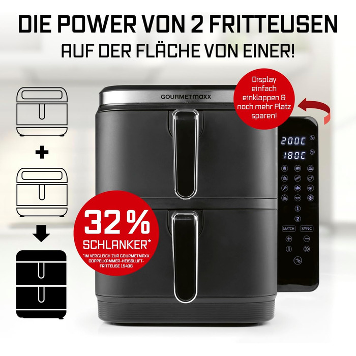 Фритюрниця повітряна Gourmetmaxx FryUp з вертикальною подвійною камерою, 10 літрів (2x5л), сенсорний дисплей