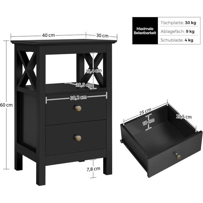 Приліжкова тумбочка Yaheetech з 2 ящиками, сучасний приліжковий комод, 40x30x60 см (чорний)