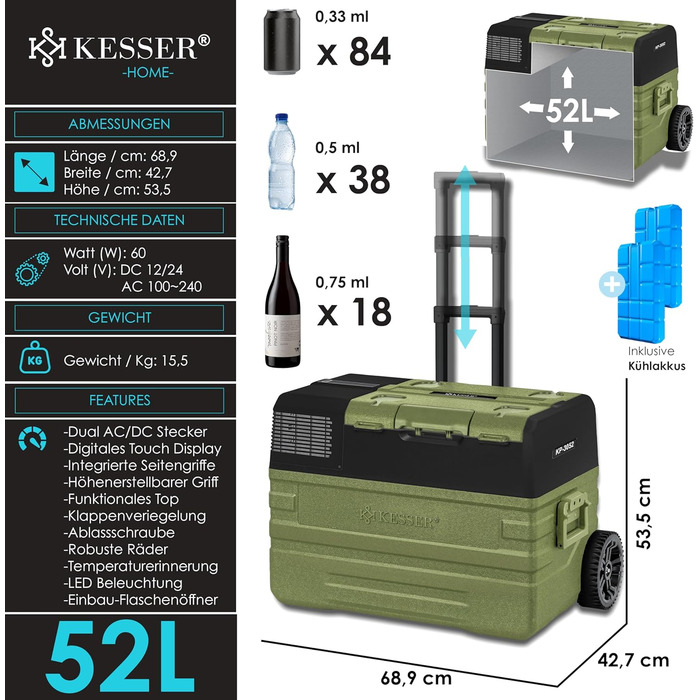 Автомобільний компресорний холодильник KESSER 42L з Wi-Fi, 12/24/230V, до -20°C, з колесами та телескопічною ручкою для кемпінгу, фургонів, вантажівок + 2 акумулятори холоду (52л, Хакі)