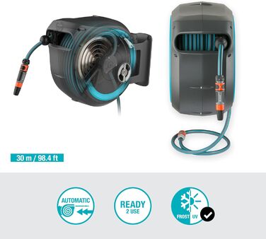 Шланг садовий Gardena RollUp L (бірюзовий) 30 м: гнучкий полив для великих садів, поворотна коробка для шланга, з шлангом Gardena 30 м та монтажними аксесуарами (18625-20)