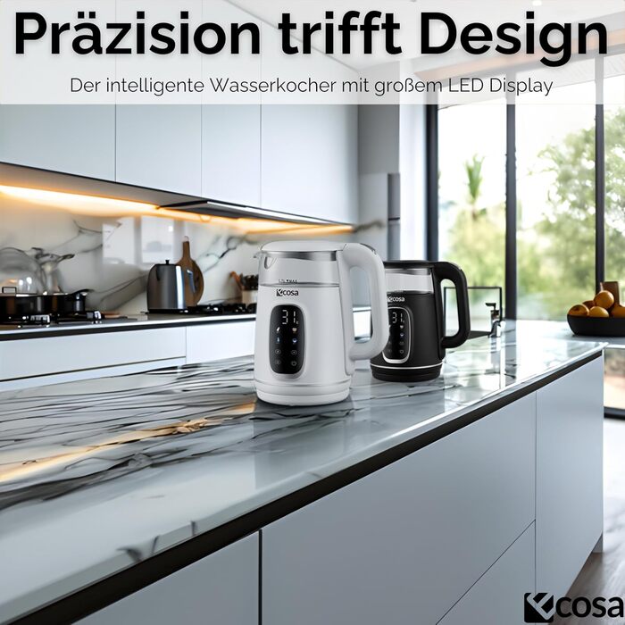 Електричний чайник Ecosa® зі скляною колбою та нержавіючою сталлю, 1,7 л, 2200 Вт, регулювання температури 40°C-100°C, підігрів, LED-підсвічування (Black Pearl)