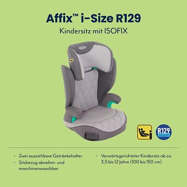 Автокрісло Graco Affix i-Size R129 для дітей 3,5-12 років (100-150 см), чорне, з регульованою підголівником та ISOFIX