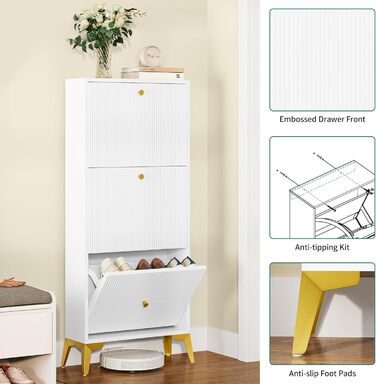 Шафа для взуття YITAHOME з 3 висувними ящиками, біла, вузька, з металевими ніжками, 20x50x118.5 см