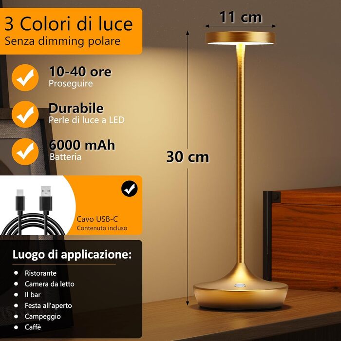 LED настільна лампа бездротова з димуванням, 3 кольори, 6000 mAh, IP54, для дому та кемпінгу (2 шт.)