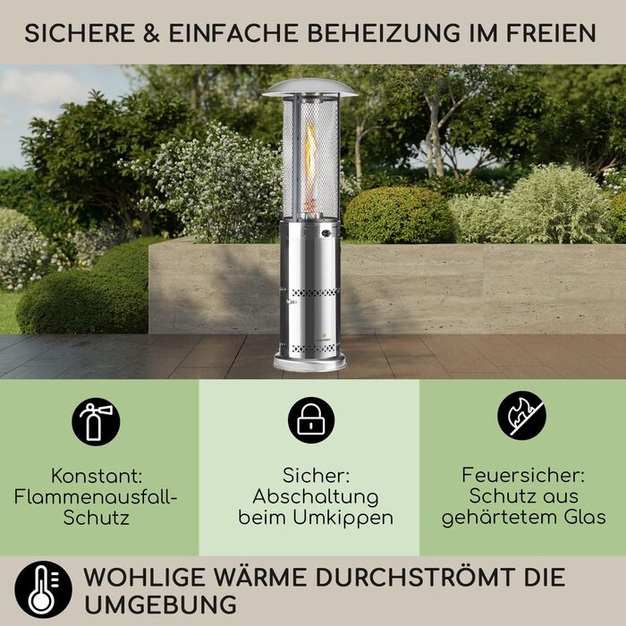 Газовий обігрівач Blumfeldt Gas для тераси, саду та балкону, 360° огляд полум'я, газовий нагрівач для вулиці з електричним запалюванням, обігрівач для тераси з роликами, срібно-золотий, модель Deluxe (Газовий балон не входить у комплект)