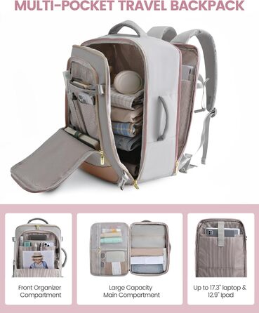 LOVEVOOK Рюкзак для ручної поклажі, жіночий/чоловічий, 40L, водонепроникний, з відділенням для взуття, 17 дюймів для ноутбука, сірий+рожевий+бежевий