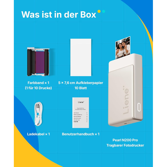 Портативний міні-фотопринтер Liene Pearl N200 Pro з технологією сублімації, Bluetooth, 300 dpi, для iPhone та Android, з 50 фото (5x7,6 см) та 5 картриджами, акумулятор, золото
