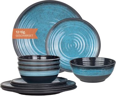 Набір посуду для кемпінгу з меламіну на 4 особи (12 предметів) | Stone Blue | Миється в посудомийній машині | Набір для пікніка