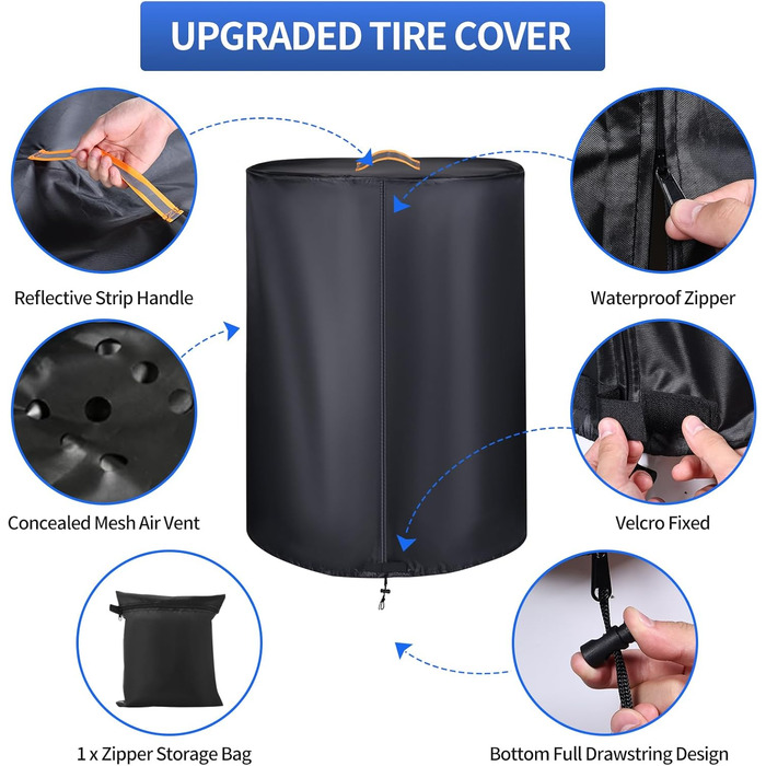 Чохол для коліс автомобіля, великий, міцний, 420D, універсальний, на 4 колеса, з блискавкою, вологостійкий, з світловідбиваючими смугами (Ø 84 см x H 120 см), чорний