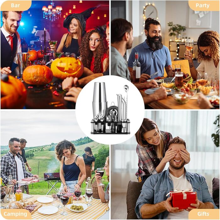 Набір для коктейлів Cinnani 15 предметів з підставкою, нержавіюча сталь, професійний шейкер-бостонський, подарунковий набір для бармена