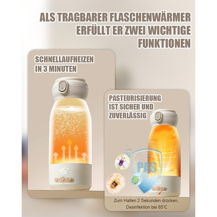 Портативний підігрівач для пляшечок Baby, 500 мл, для материнського молока та води, підігріває, підтримує тепло та стерилізує, швидкий нагрів за 3 хвилини, акумулятор 10400 mAh для тривалої роботи