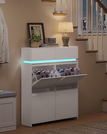 Взуттєва шафа Hzuaneri з 4 стулками, вузька, з LED-підсвічуванням, регульована перегородка, на 20 пар, 100 x 119 x 24 см, для передпокою, біла SR53603XEU