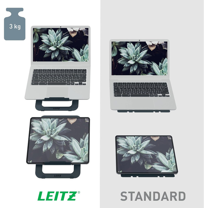 Підставка для ноутбука Leitz Ergo, регульована по висоті, для ноутбуків 13'-15', з 80% переробленого пластику, 6 положень висоти та кута, компактна, 100% перероблювана, алюміній Ultra-Flat, темно-сірий