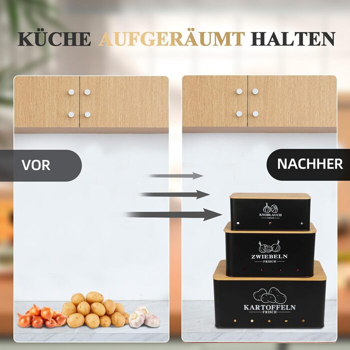 Набір контейнерів для картоплі, цибулі та часнику, 3 шт. з бамбуковим кришками, бежевий (Moz-O-PBDE02-BK)
