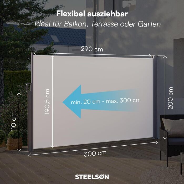 Розсувна бічна маркіза STEELSØN Zirella 180x400 см, алюмінієва, захисна, для балкона та саду, зовнішній щільний сонцезахист, бежева, з настінним кріпленням (200x300 см)