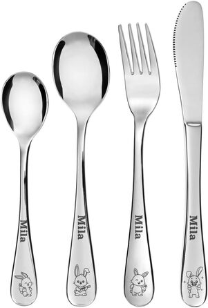 Дитячий набір столових приборів Geschenkegarten з гравіюванням імені (Кролик)