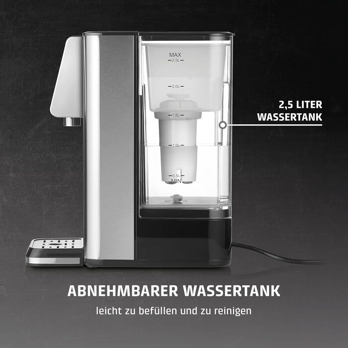 CASO HW 620 - Нагрівач води, 2600W, 40-100°C, 7 режимів подачі, бак 2,5л, економія енергії, функція для дітей, нержавіюча сталь, фільтр для води, нагадування про декальцинацію