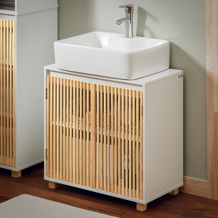 Тумбочка для ванної кімнати SoBuy, вузька, 30 см, з бамбуковими дверцятами, вологостійка, 33x165x33 см, BZR127-W (нижній шафчик)