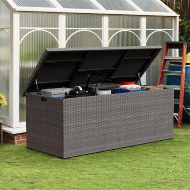 Водонепроникний садовий ящик Amopatio Gartenbox 650л з поліротангу для подушок, металевий ящик для зберігання з газліфтами для саду та балкону, сірий