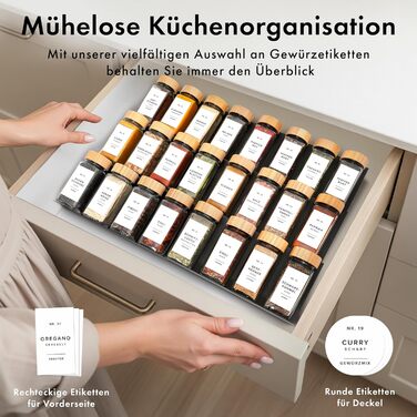 Набір скляних баночок для спецій кутовий (24 x 120 мл) з бамбуковими кришками. Включає ситечко для сипучих продуктів та 240 етикеток. Організатор спецій, 11x4,5 см.