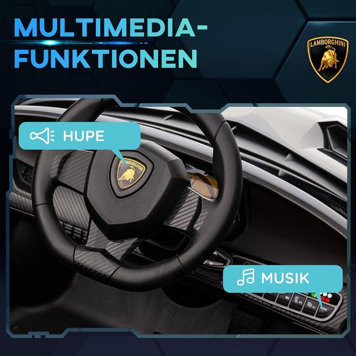 Дитячий електромобіль HOMCOM Lamborghini Veneno 12В з пультом, Bluetooth та музикою, чорний, для дітей 3-6 років