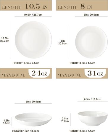 Комбінований сервіз MALACASA в кістяному Китаї, білий обідній сервіз із 16 предметів для 4 осіб серії RAFA, сучасний набір круглого посуду з обідньою тарілкою, десертна тарілка, супова тарілка та миска з пластівцями по 4 (норі біла, 16 шт. Набір посуду на